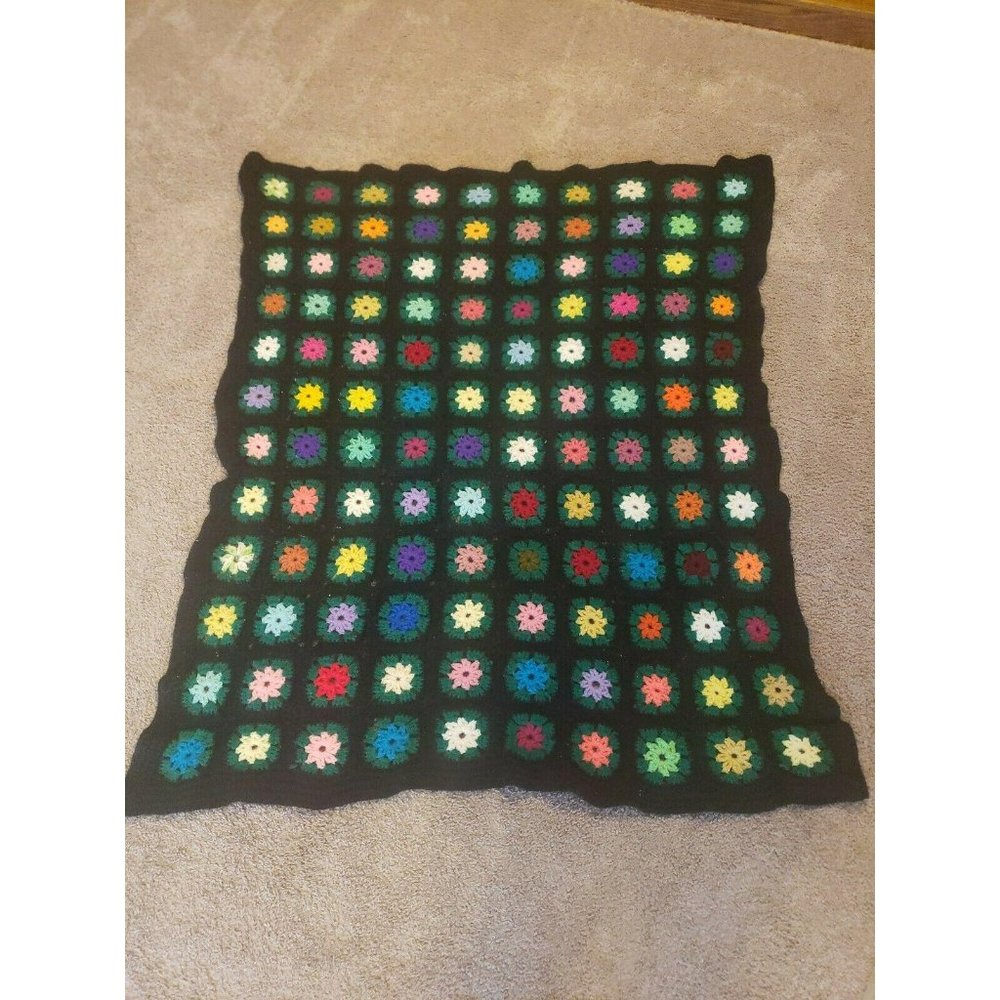 Vintage Granny Square Black Afghan 57"x 44" Crochet Throw Blanket Handmade